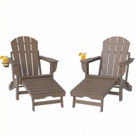 Folding Adirondack Chair Set of 2, HDPE Fire Pit Chair with Retractable Ottoman and Cup Holder, Brown