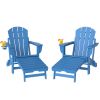 Folding Adirondack Chair Set of 2, HDPE Fire Pit Chair with Retractable Ottoman and Cup Holder, Blue