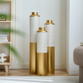 Decorative Metal Vases Set of 3, Gold and White Hexagonal Pattern Floor Vases, 32.6 28.34 24 Inch Tall for Home Decor