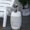 12" Steel Outdoor Side Table, Round Hollow Drum Patio End Table, Accent Table for Indoor and Outdoorr, White