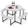 Round Picnic Table Bench Set with 4 Benches and Umbrella Hole for Patio Lawn